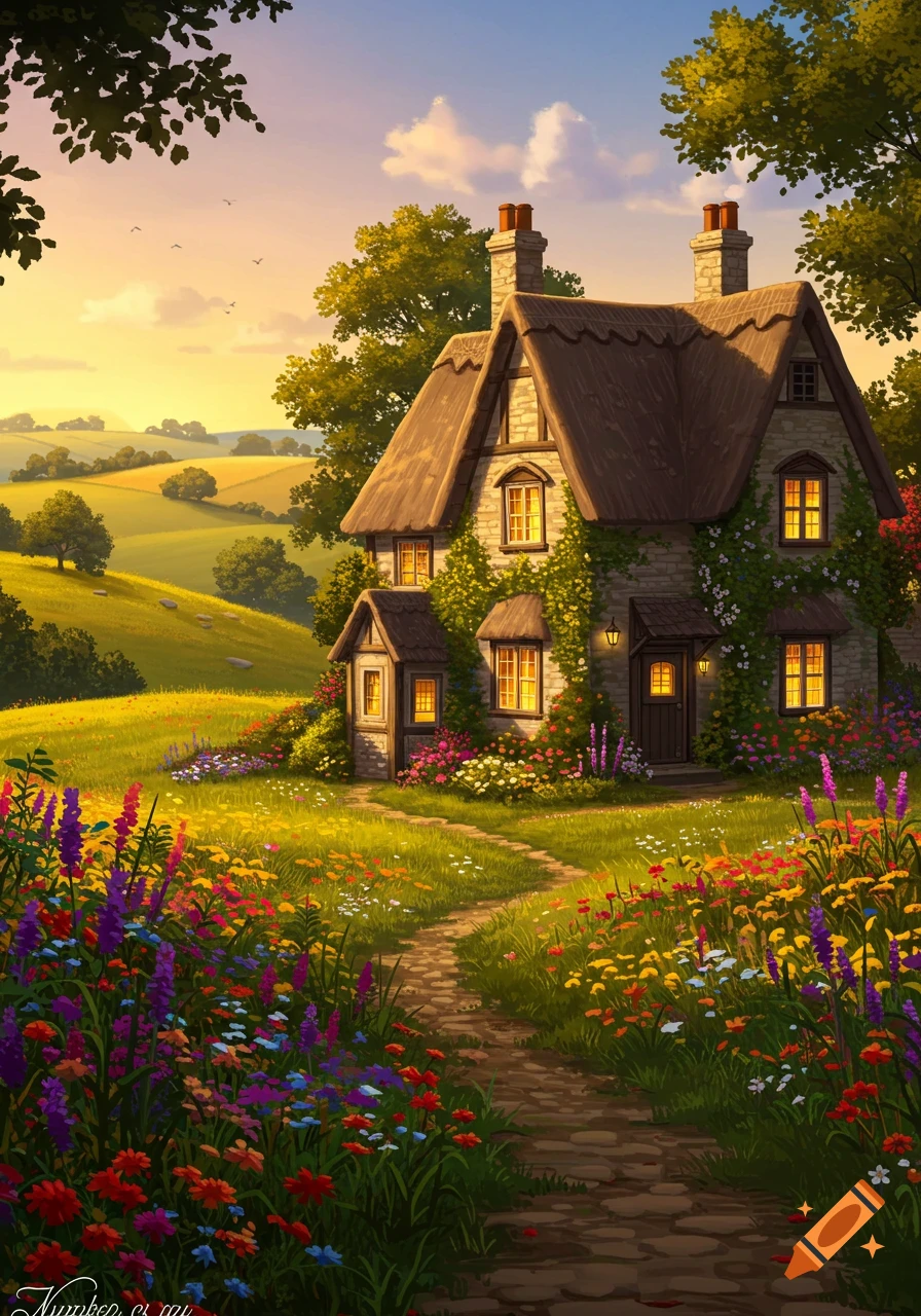 A charming cottage with a thatched roof nestled in a vibrant field of wildflowers under a warm sunset sky.