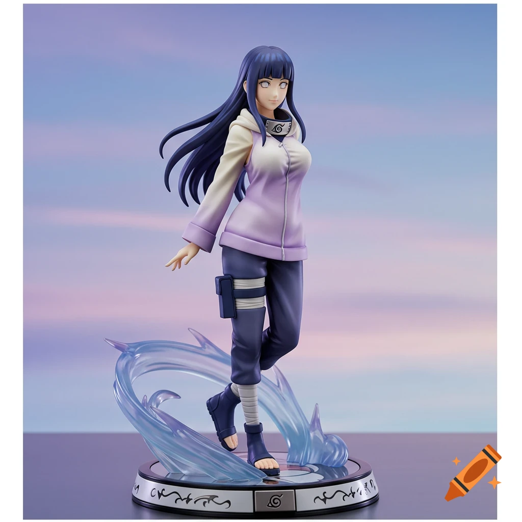 Photorealistic product image of a plastic statue of Hinata Hyuga from Naruto, standing on a circular base with blue energy effects.