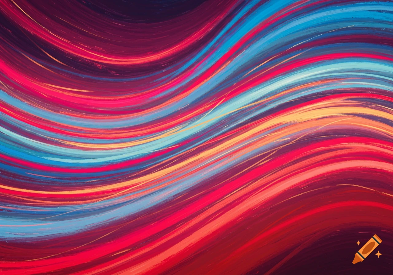 Vibrant abstract pattern of flowing, colorful wavy lines in red, blue, orange, and purple, depicting movement.