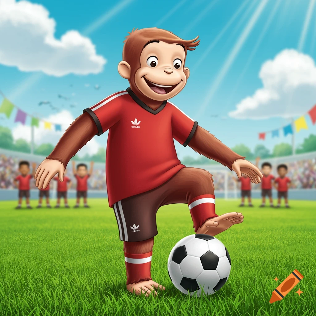Curious George, a cartoon monkey, in a red soccer uniform with Adidas-like logos, playing soccer on a grassy field in a stadium.