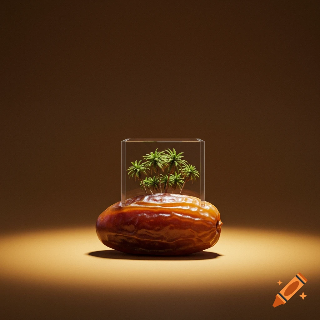 A photorealistic date fruit with a clear, glass-like center revealing a miniature palm grove inside. Studio lighting, brown background.