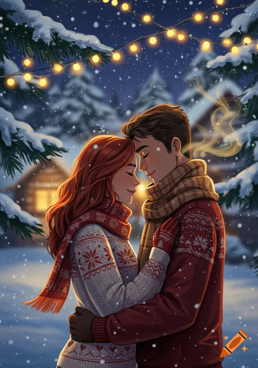 Illustrated couple embracing in snow under Christmas lights on a winter night, with a cozy cabin in the background.
