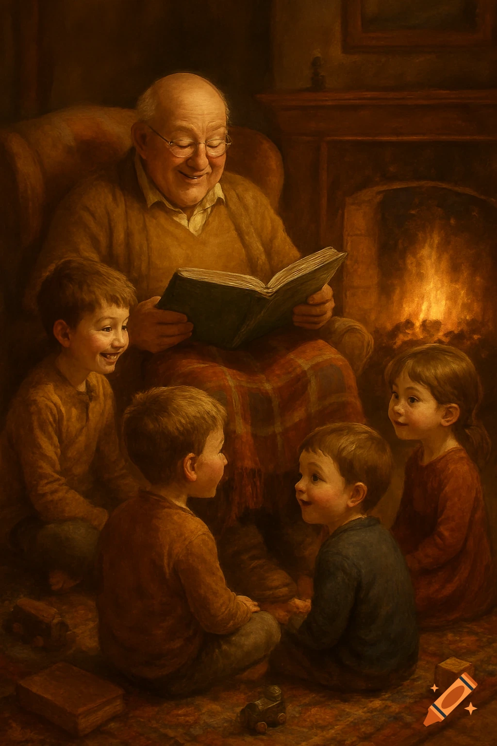 A painterly illustration of a smiling grandpa reading a storybook to his four attentive grandkids by a warm fireplace.