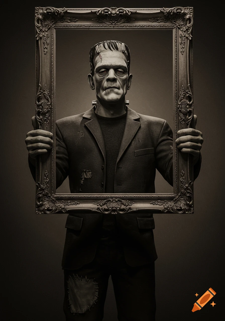 Frankenstein's monster in a suit holds an ornate, empty picture frame in a dark, stylized portrait.