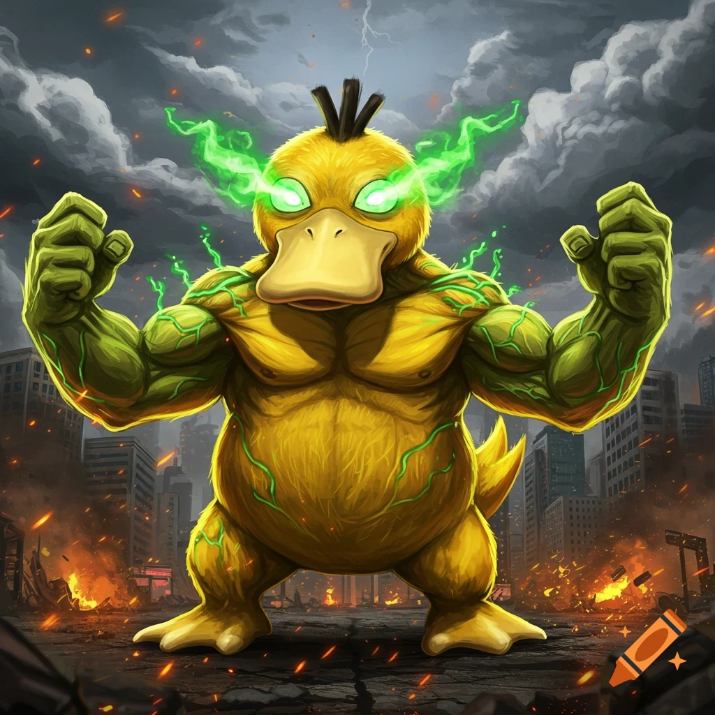 A muscular Psyduck with glowing green eyes and veins flexing in a destroyed city under a stormy sky.
