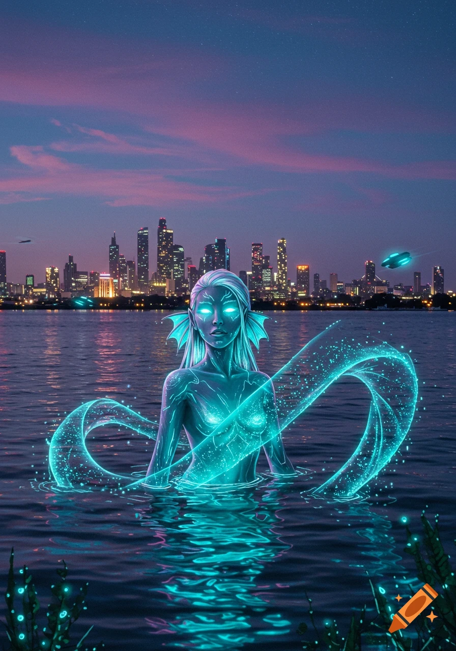 A glowing, ethereal futuristic siren emerges from water in front of a neon city skyline at dusk, with abstract light trails.