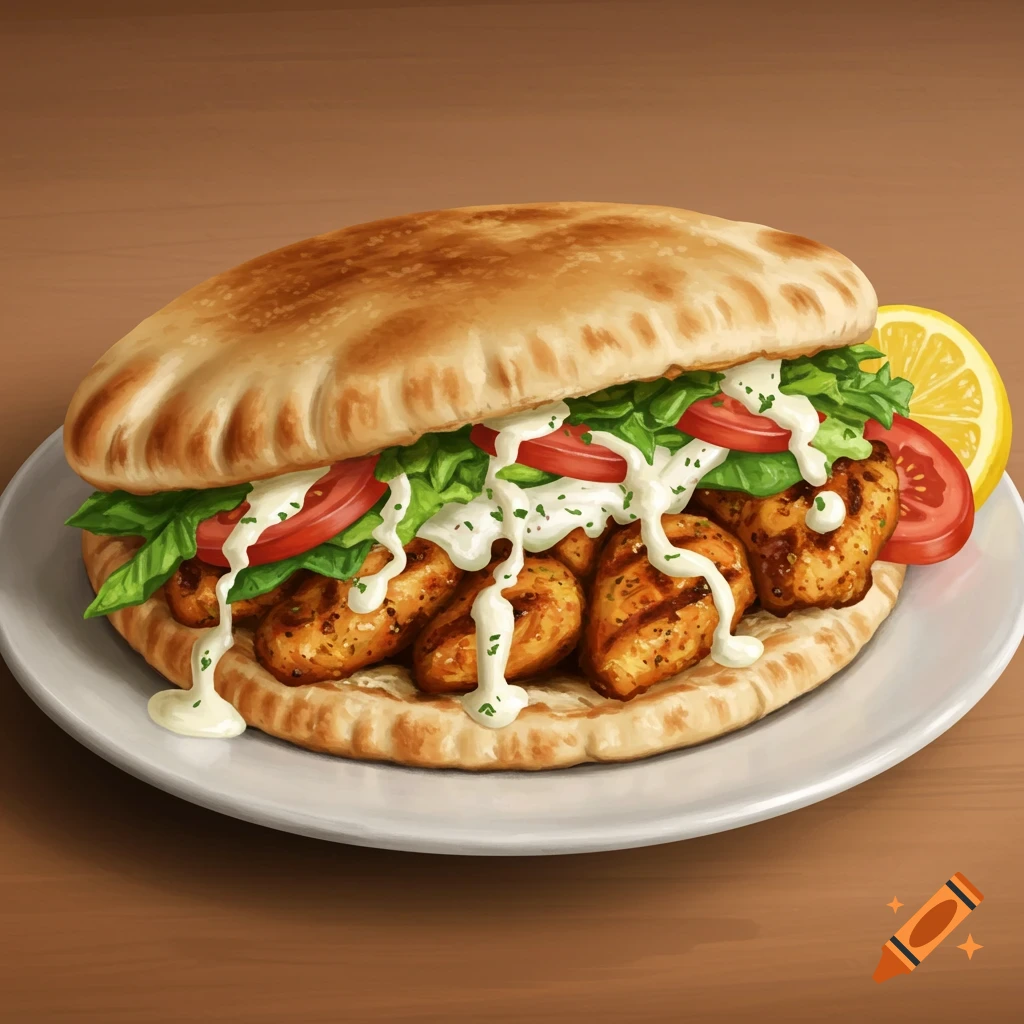 Illustrated chicken pita sandwich with grilled chicken, lettuce, tomatoes, white sauce, and a lemon wedge.