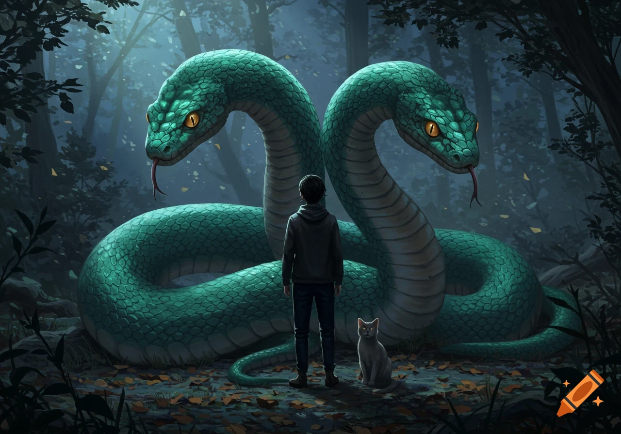 A person and a cat stand in a dark forest, facing a giant, mystical two-headed green snake, depicted in an illustrative style.