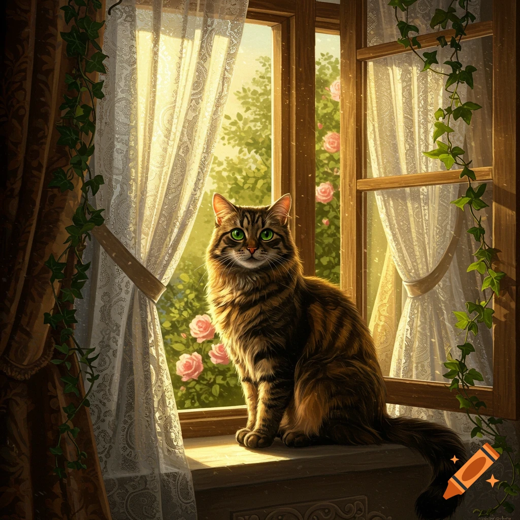 A fluffy tabby cat with striking green eyes sits on a sunlit window sill, looking out at roses through sheer lace curtains and draped ivy.
