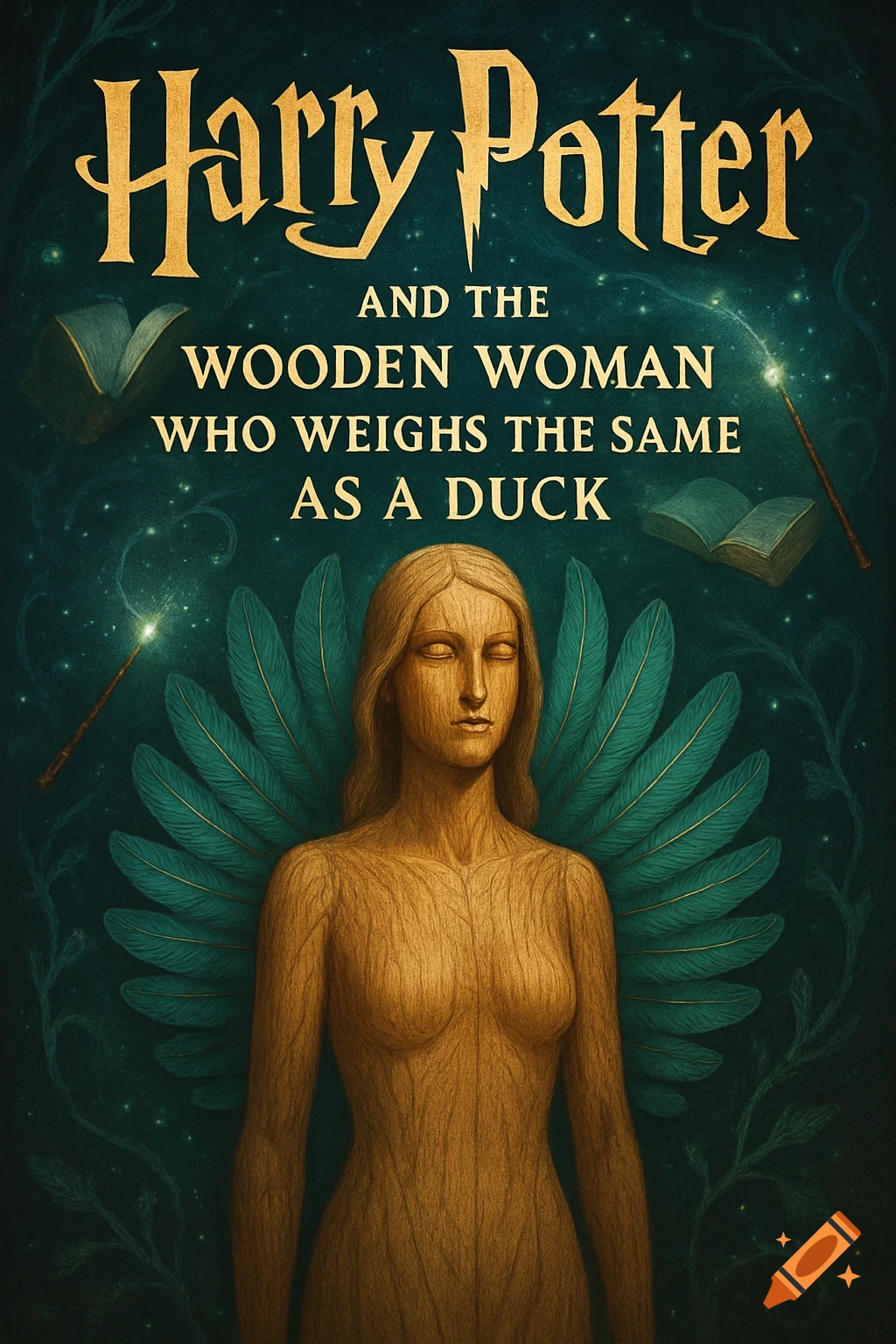 Dark fantasy book cover titled 'Harry Potter and the Wooden Woman Who Weighs the Same As A Duck,' featuring a wooden woman with teal feathered wings, glowing particles, and magic wands.