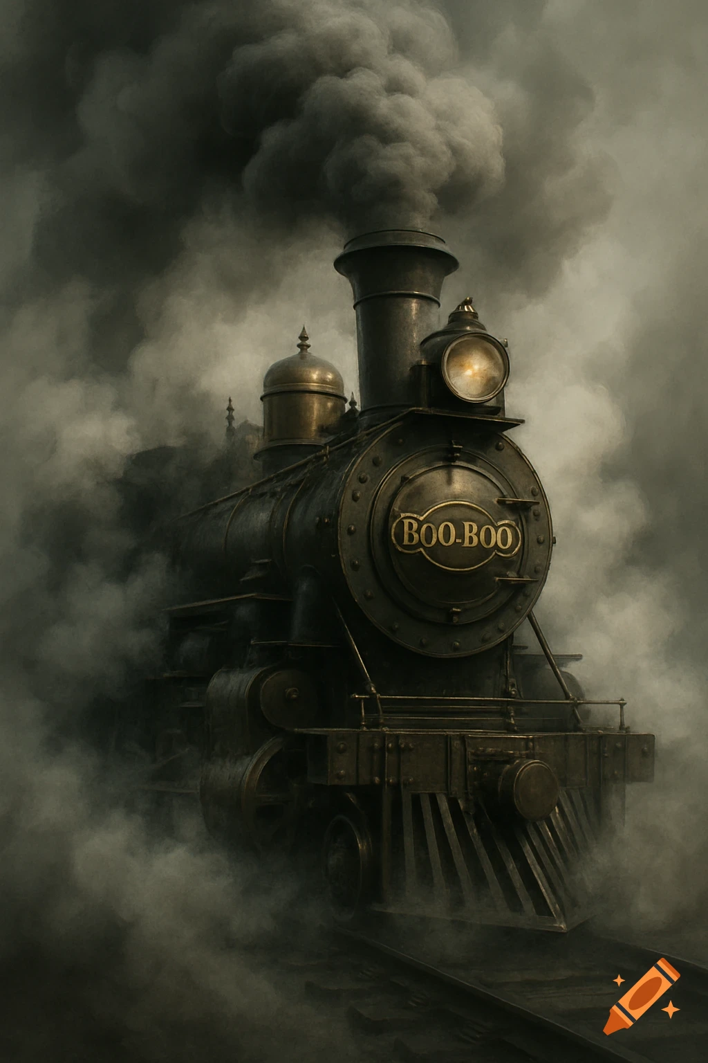 A large, dark vintage steam train named 'BOO-BOO' is enveloped in thick, dark smoke, appearing moody and atmospheric.