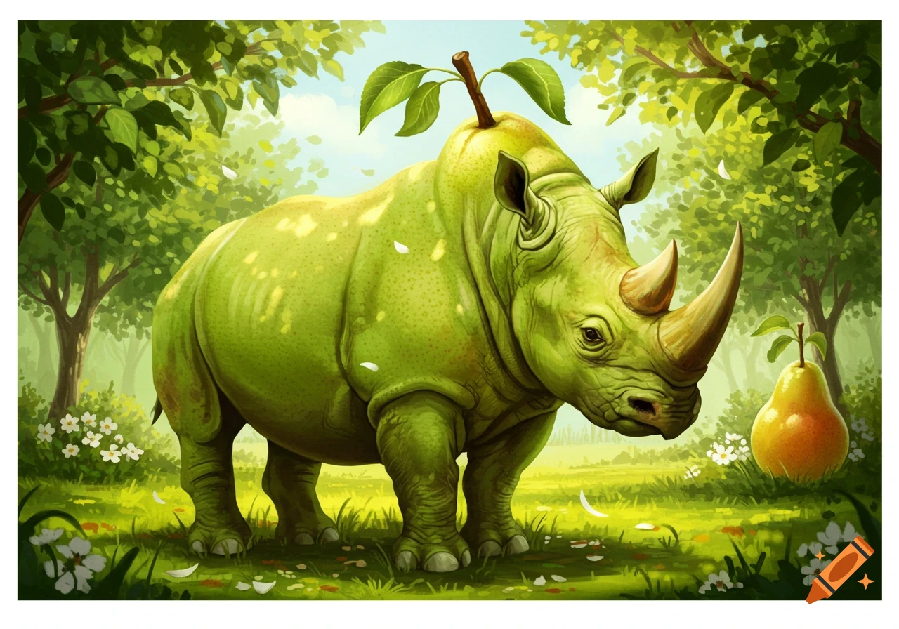 A whimsical green rhinoceros with pear skin and a stem, standing in a lush forest next to a pear fruit, cartoon style.