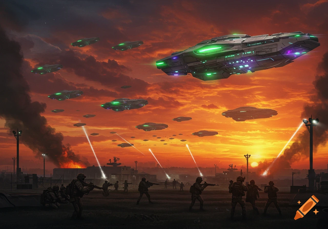 A sci-fi battle at sunset: numerous alien spacecraft hover over a burning city, shooting lasers, while soldiers on the ground aim rifles.