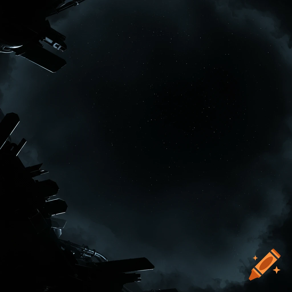 A dark, starry night sky with silhouetted futuristic structures in the corners, surrounded by wispy dark clouds.