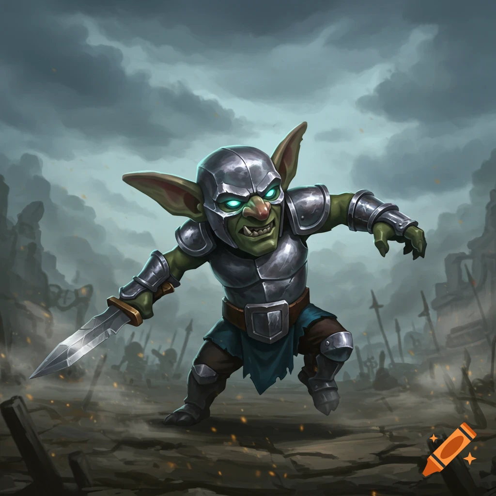 A cartoonish goblin in silver armor with glowing eyes holds a sword, crouching aggressively in a desolate battlefield under a cloudy sky.