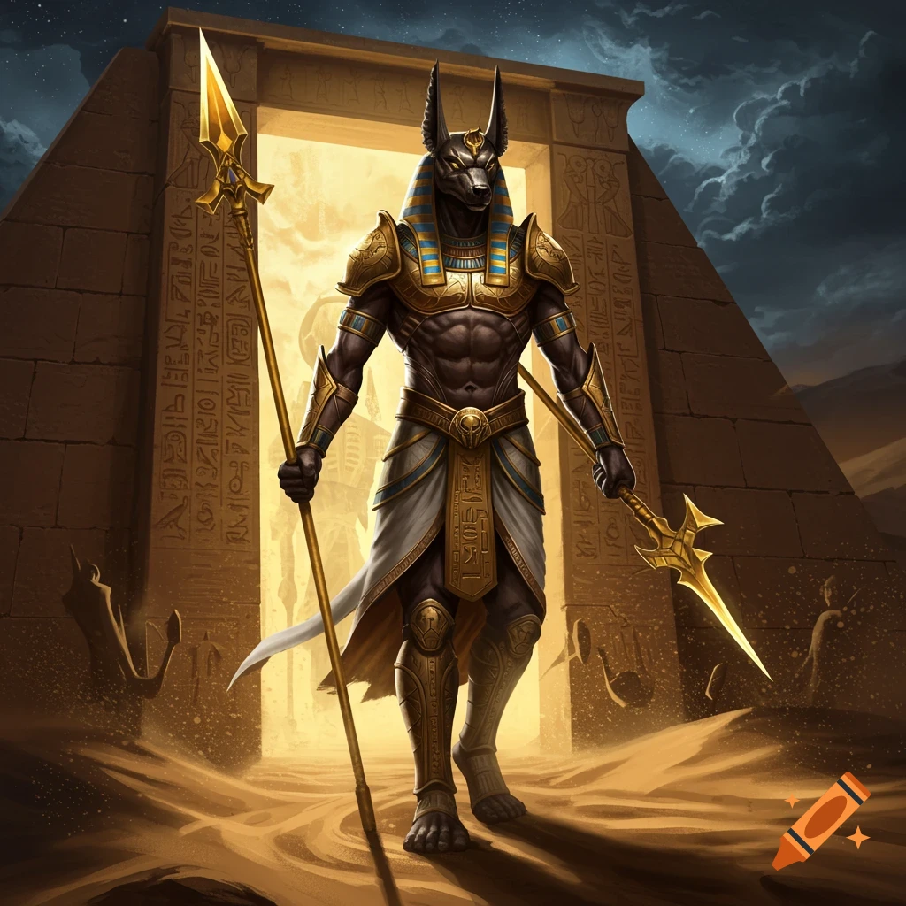 A muscular Anubis, jackal-headed Egyptian god, in golden armor holds two glowing spears, emerging from a pyramid in a desert.