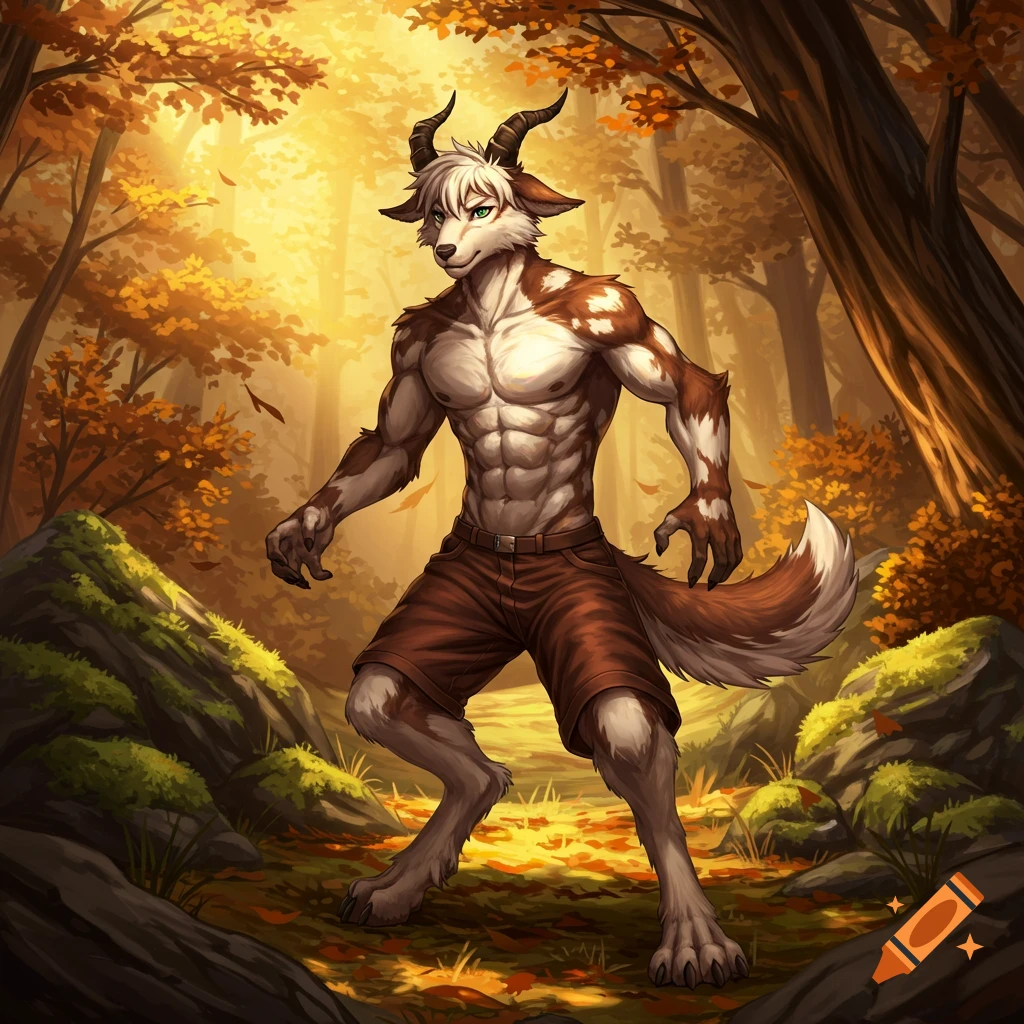 Anime-style muscular male goat-wolf hybrid furry wearing shorts, standing in a golden autumn forest.