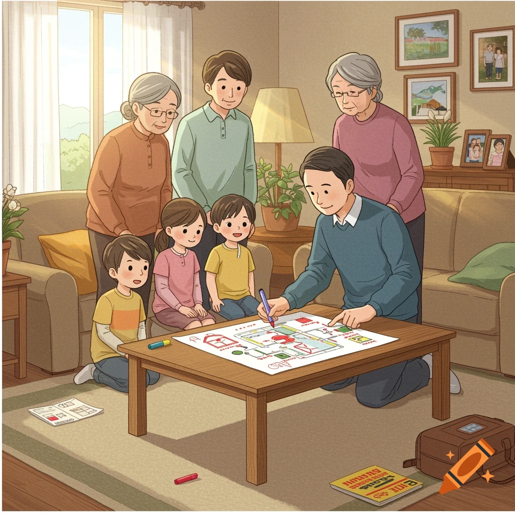 An illustration of a multi-generational family in their living room, gathered around a table to learn a home fire exit plan.