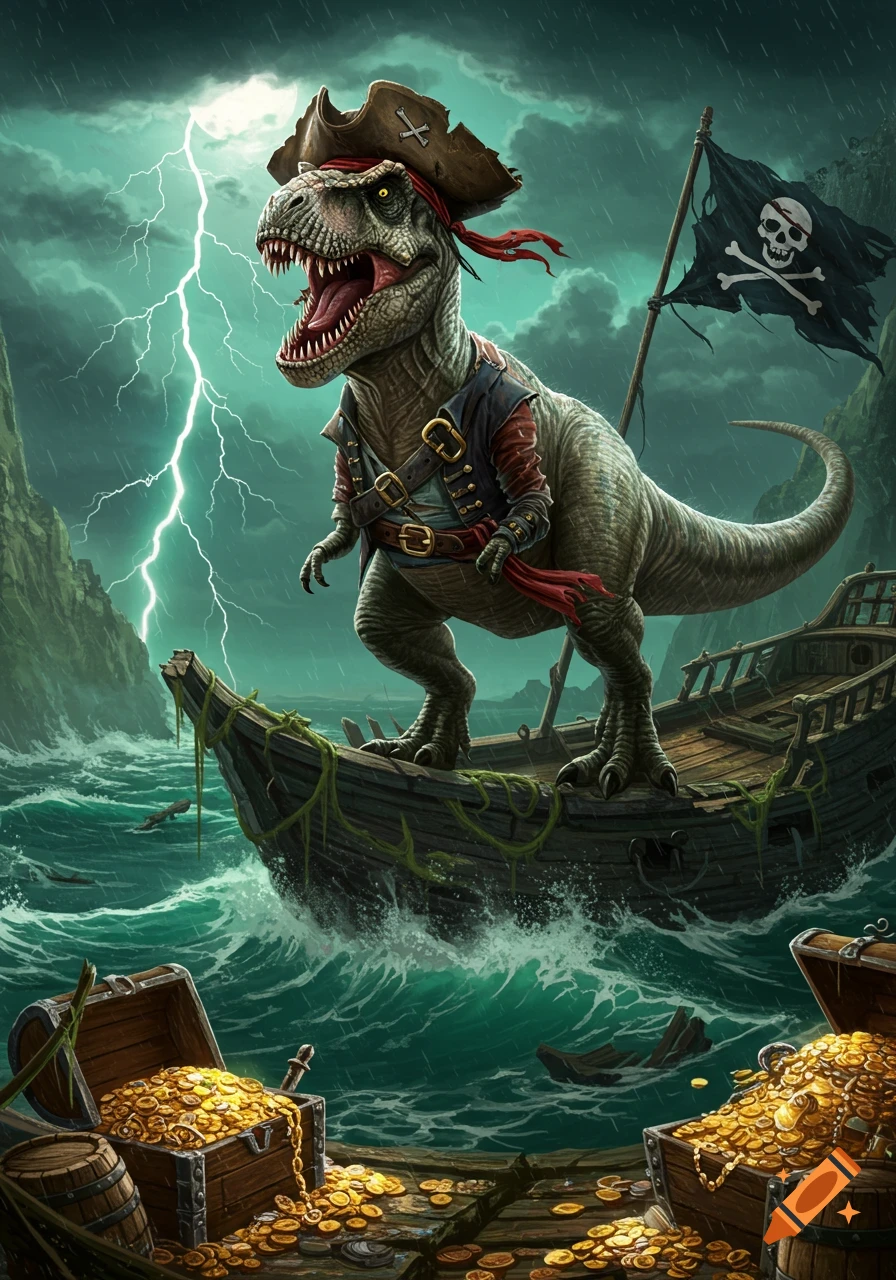 A fierce pirate T-Rex with a tricorne hat and bandanna stands on an old ship in a stormy sea, lightning strikes, treasure chests overflowing with gold coins.