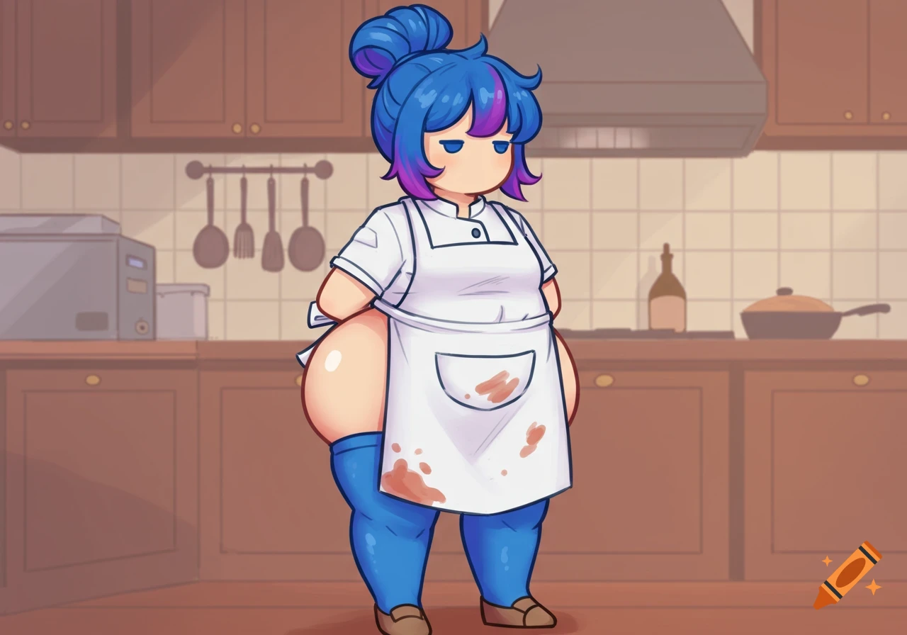 A simplistic drawing of a chef with blue and purple hair in a bun, wearing a stained apron, blue stockings, and brown shoes in a kitchen.