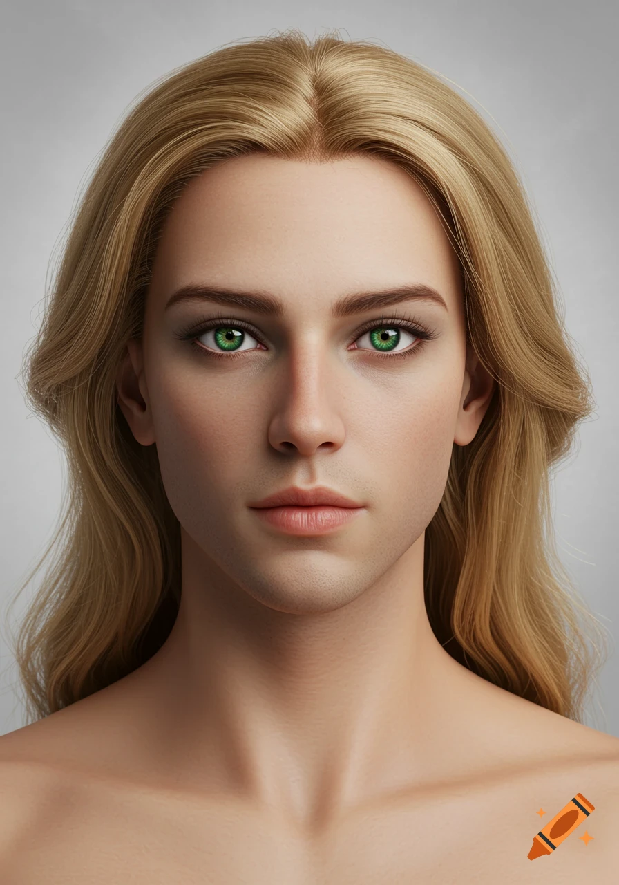 Photorealistic portrait of an individual with long blonde hair and vivid green eyes, facing forward.