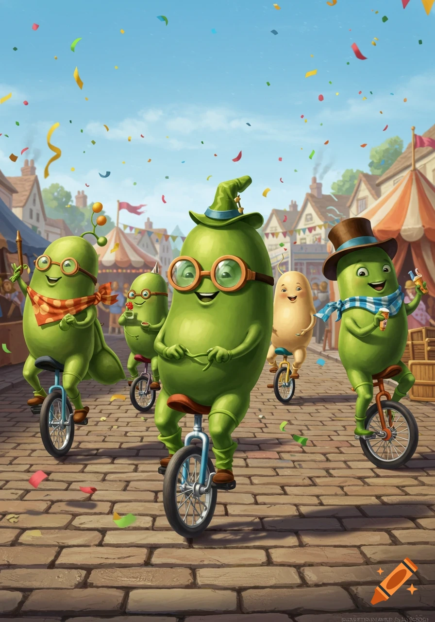 Cartoon beans and a potato in hats and scarves ride unicycles down a cobblestone street, showered in colorful confetti.