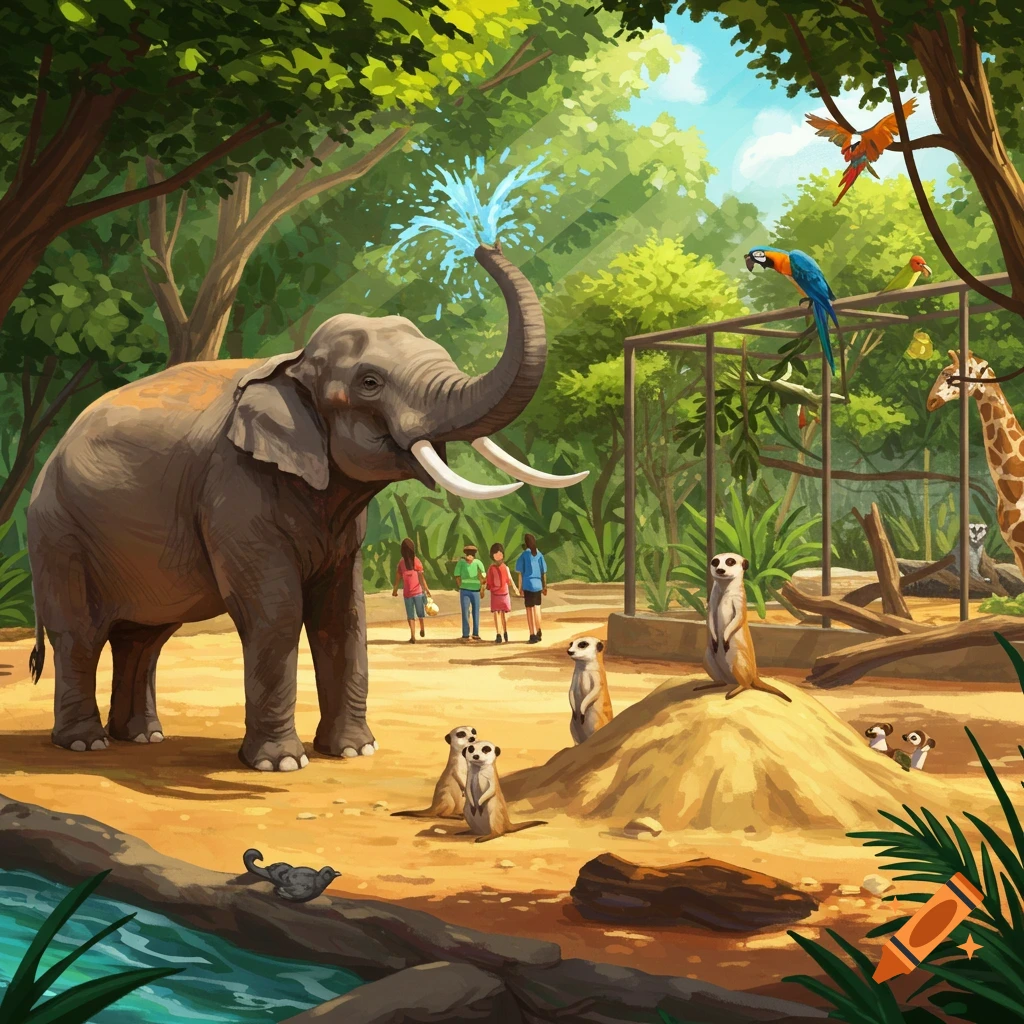 An illustration of an elephant spraying water with its trunk at a zoo, with meerkats, people, parrots, and a giraffe in a lush enclosure.