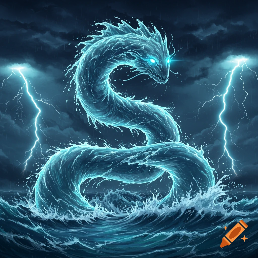 A blue water dragon with glowing eyes emerges from stormy seas under a dark, lightning-filled sky.