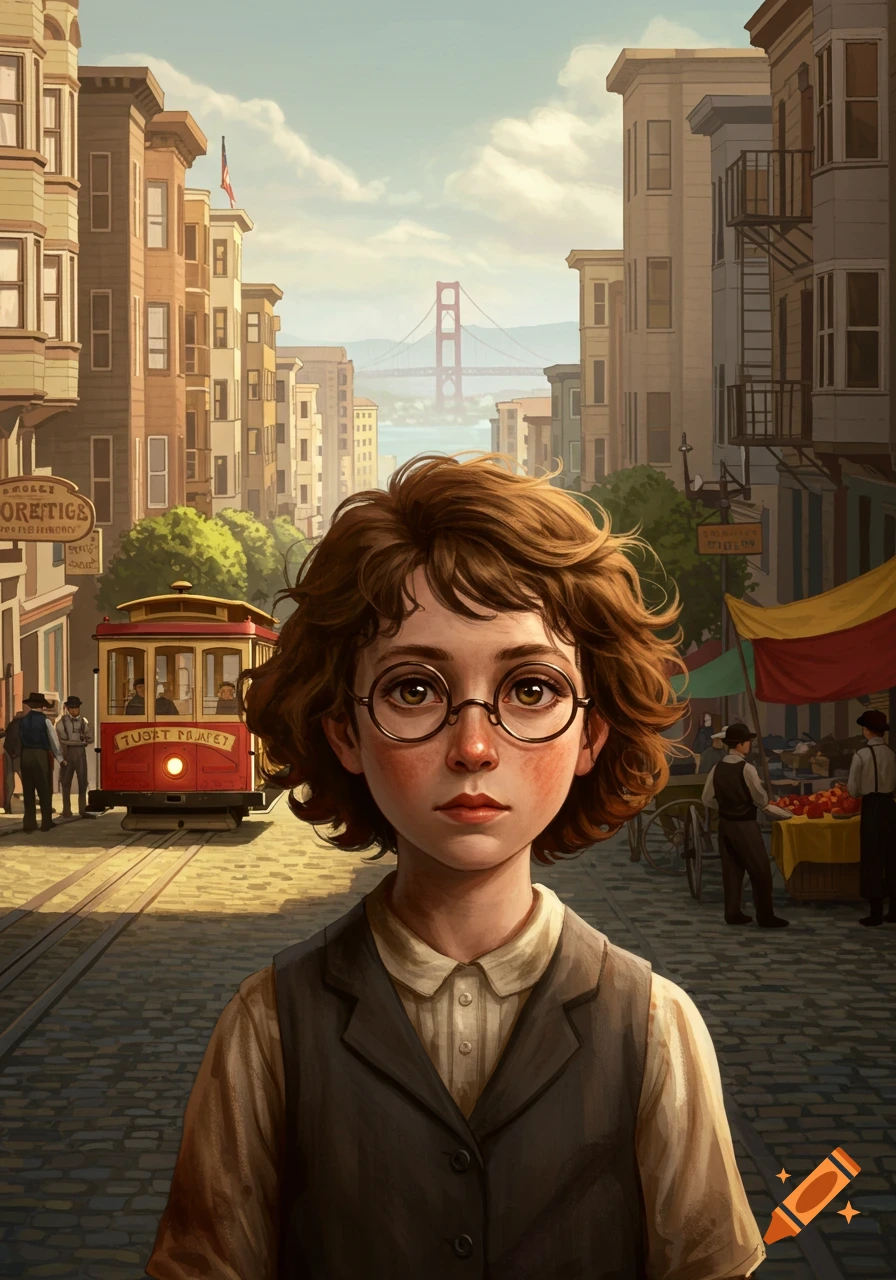 An illustration of a young girl with glasses in an early 1900s San Francisco street, with a cable car and the Golden Gate Bridge in the background.