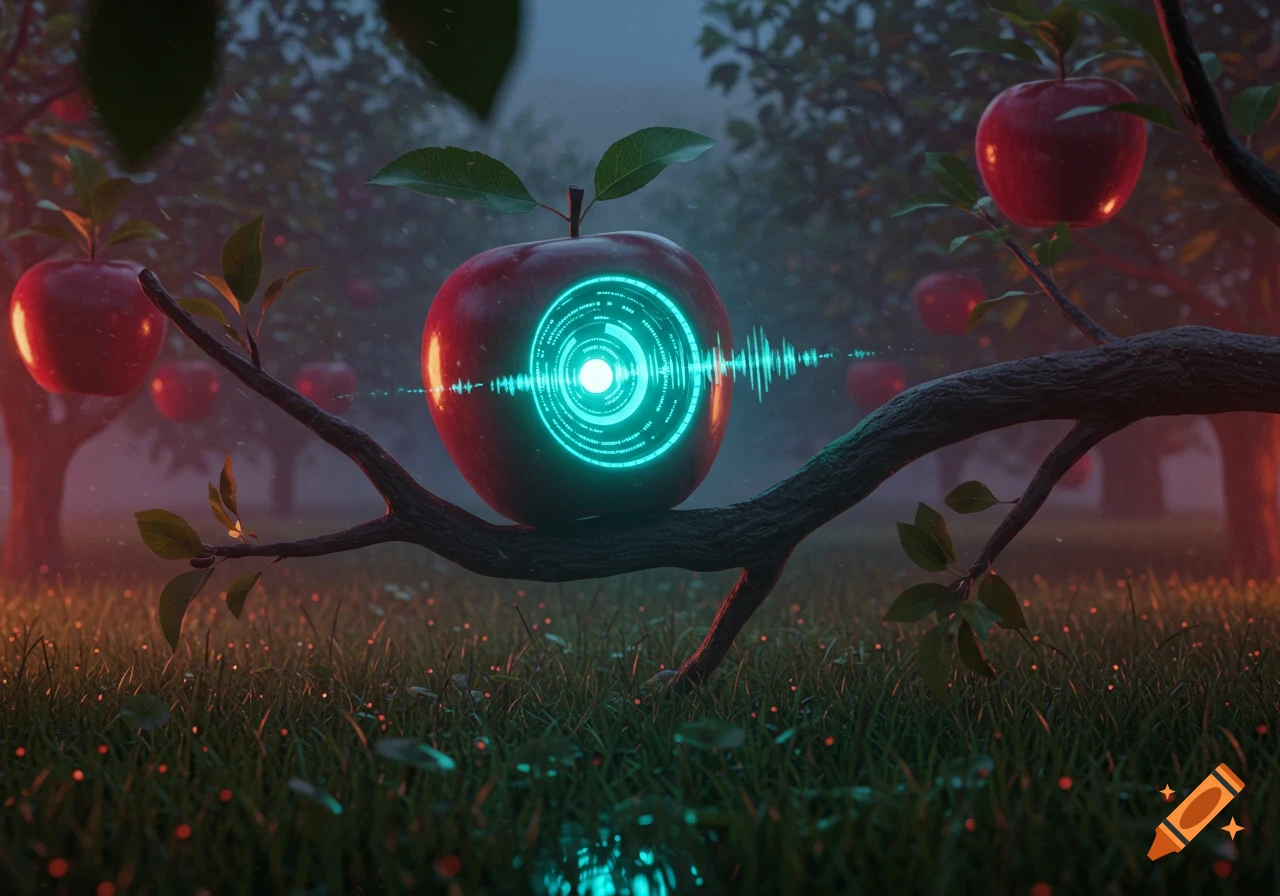 A red apple with a glowing blue tech core and soundwaves rests on a branch in a misty orchard, photorealistic style.