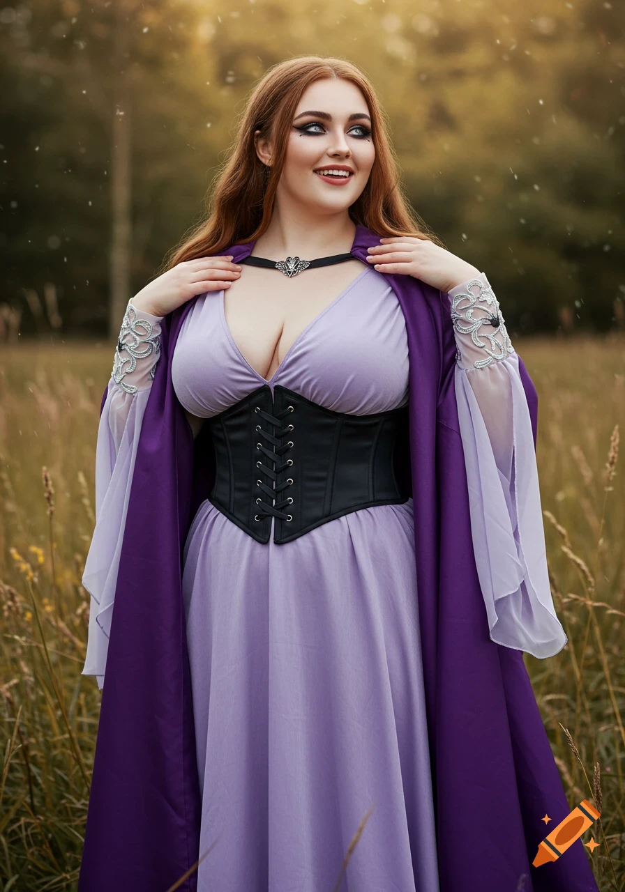 A smiling woman with red hair in a lavender gown, black corset, and purple cloak stands in a grassy field.