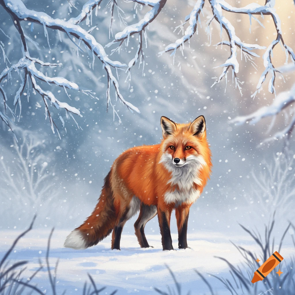 A vibrant red fox stands in a peaceful, snow-covered forest with flakes falling, rendered in a painterly style.