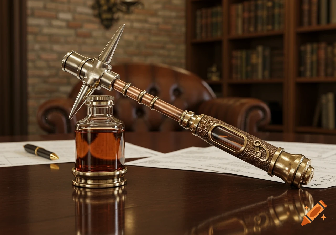A steampunk-style reflex hammer with a liquid-filled handle rests on a polished wooden desk next to a bottle and pen in a dimly lit study.