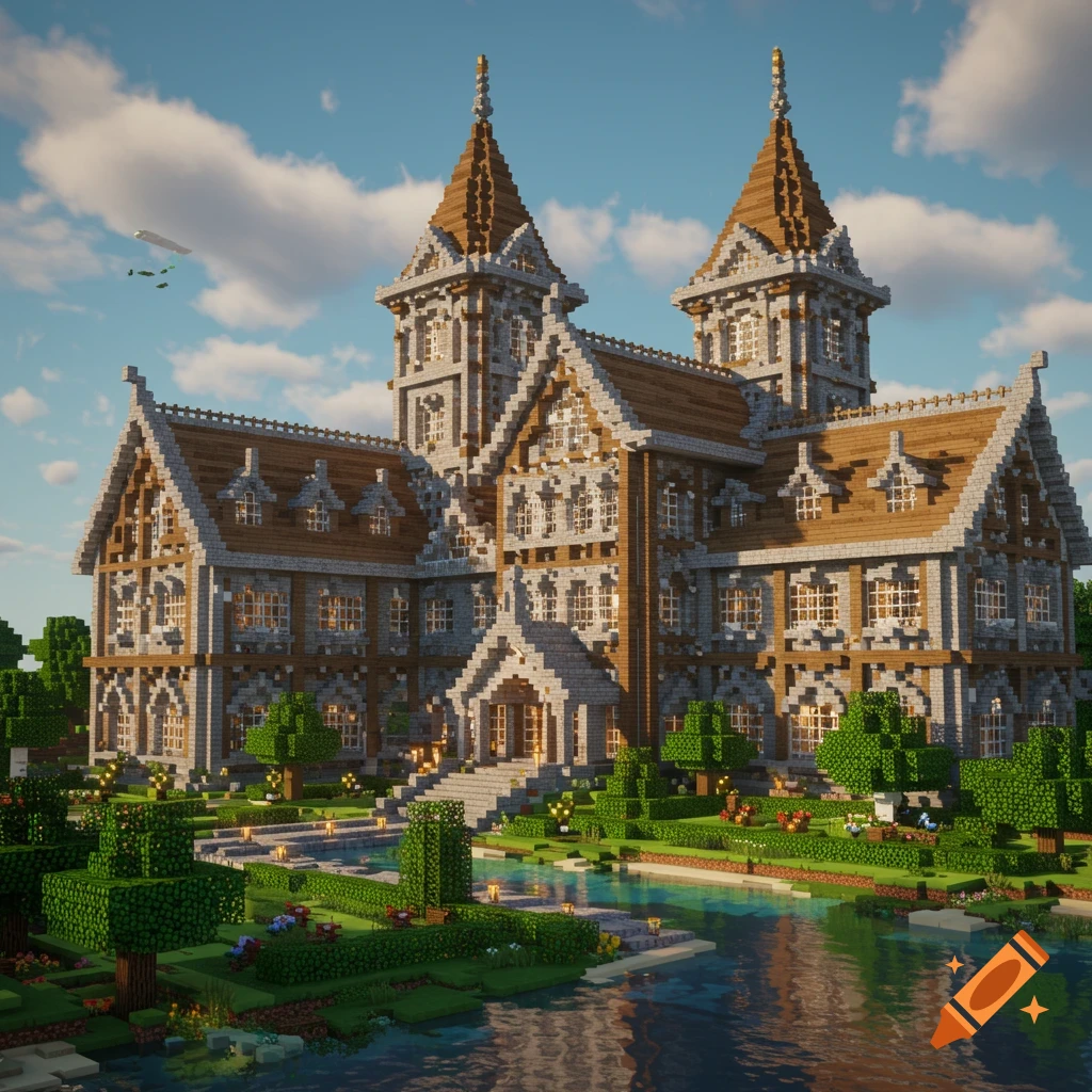 A large, detailed Minecraft mansion with two prominent towers, surrounded by lush blocky gardens and a reflective pond under a bright sky.
