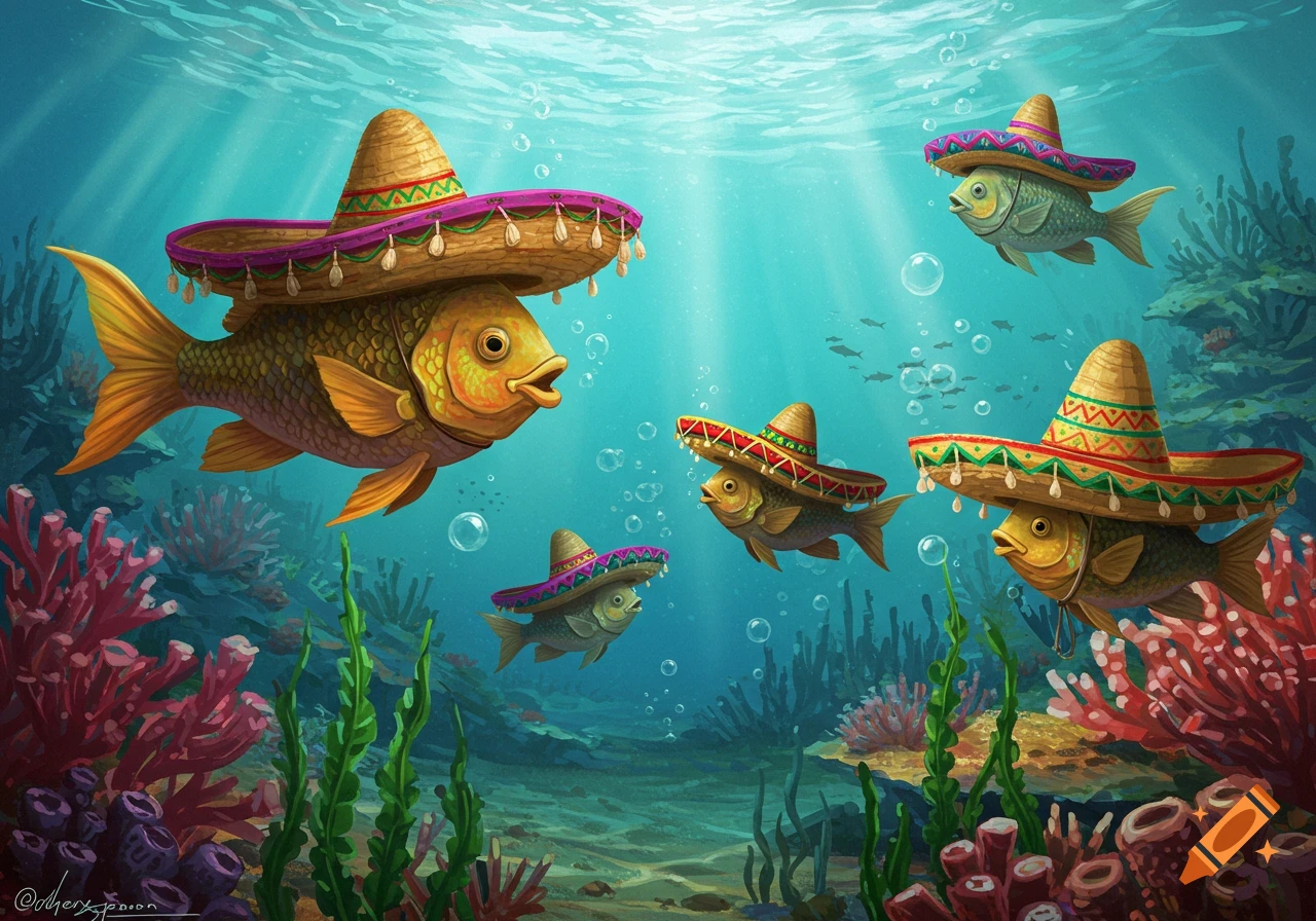 Cartoon fish wearing colorful sombreros swim among coral and plants in a vibrant underwater scene.