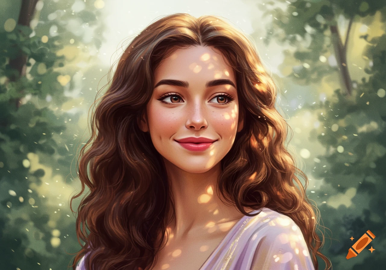 A digitally painted portrait of a smiling woman with long curly brown hair and a mole, dappled in sunlight with a green background.