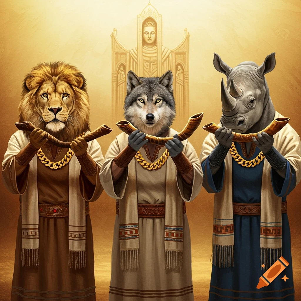 Ultra realistic digital painting of a lion, wolf, and rhino in ancient attire and gold chains, holding shofars, against a golden temple background.