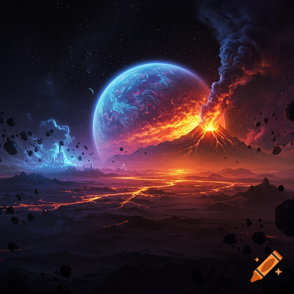 A vibrant red and blue planet hangs in a star-filled sky over a volcanic alien landscape with flowing lava and floating asteroids.