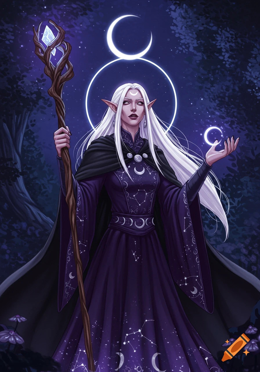 A white-haired high elf wizard in a purple dress and black cloak holds a crystal staff under a starry night sky with a large crescent moon.