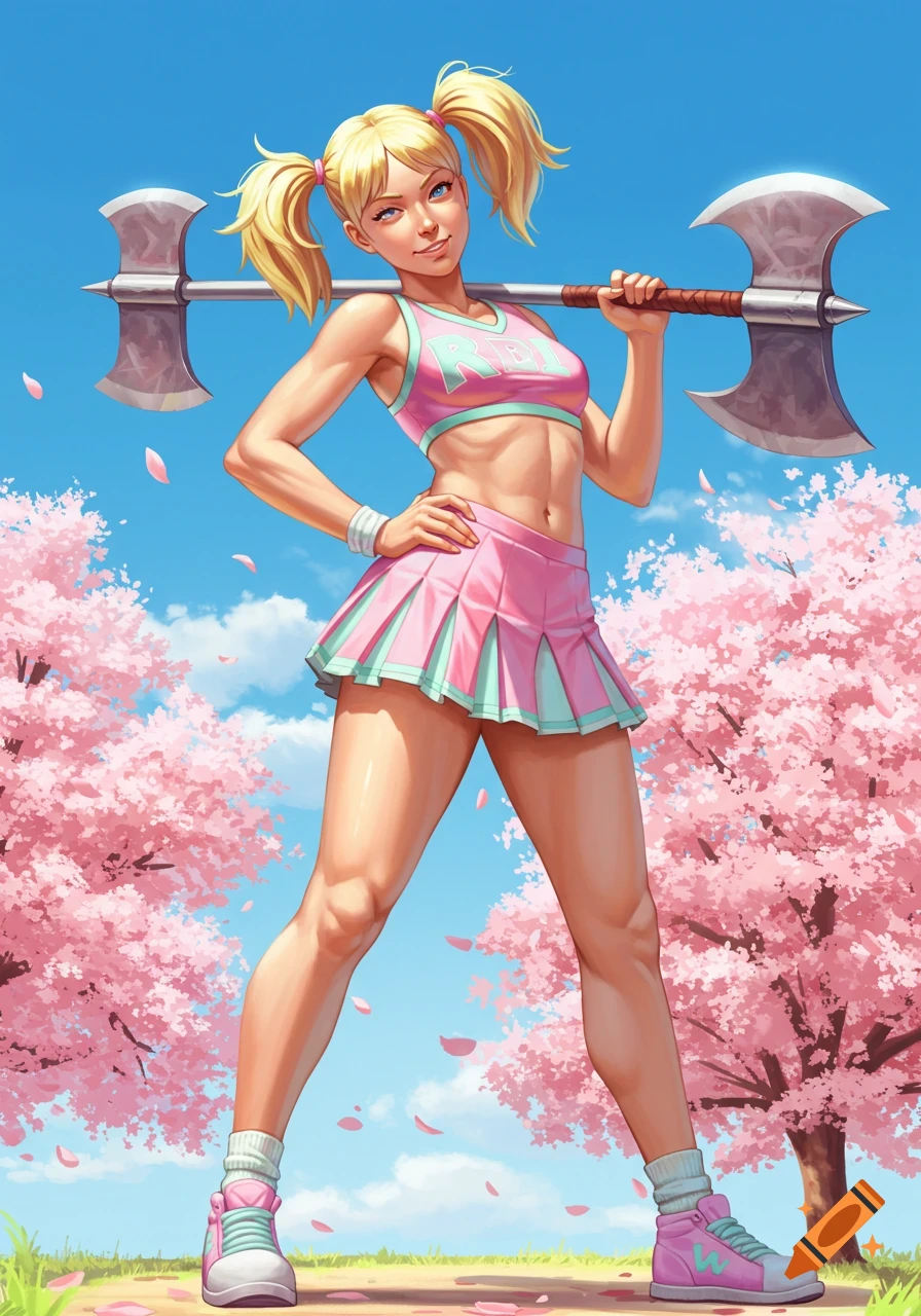 An anime-style illustration of a blonde cheerleader in a pink outfit holding a battle axe over her shoulders, surrounded by cherry blossom trees.