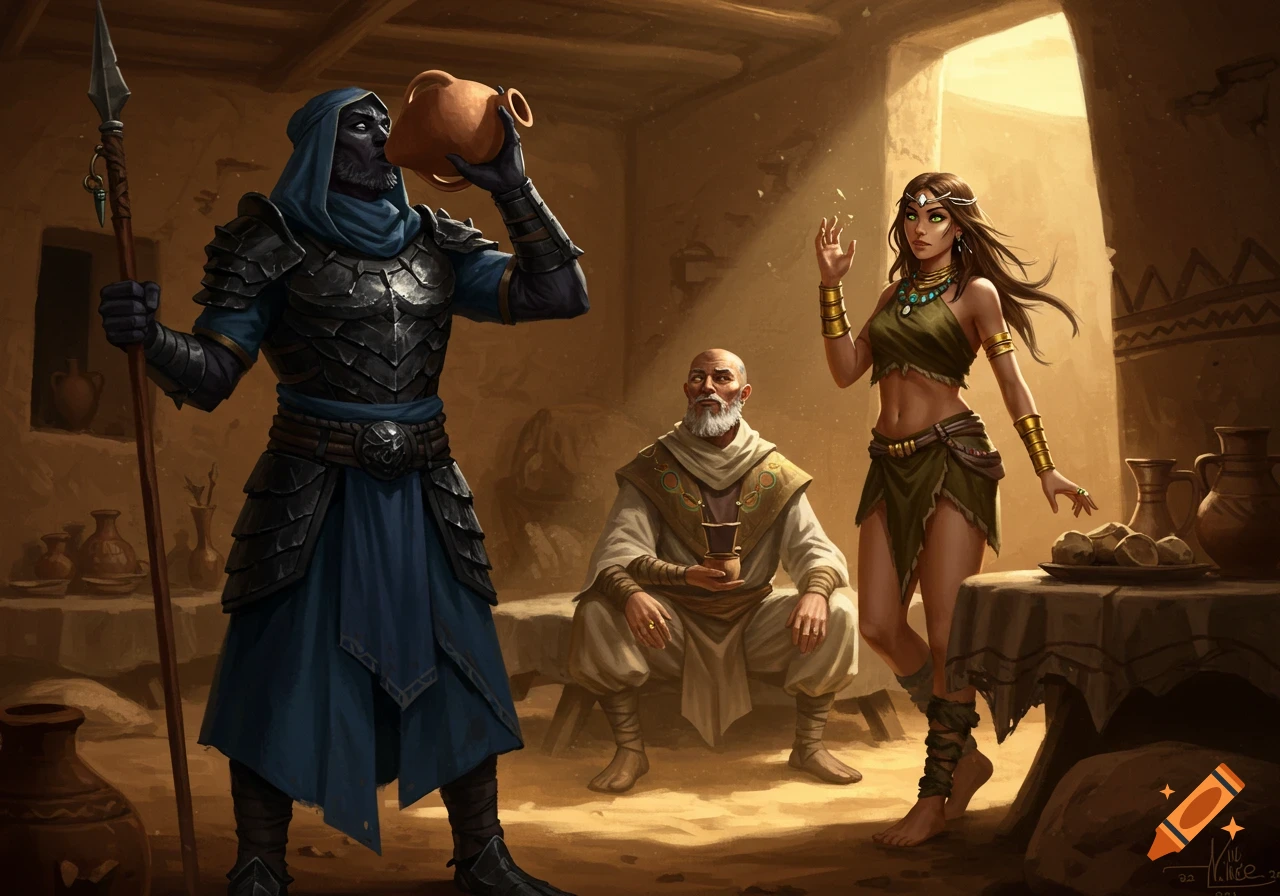 A fantasy digital painting depicts a dark-skinned armored warrior in blue robes drinking from a jug, an old man in desert robes, and a woman in a skimpy outfit with a circlet, inside a clay house.