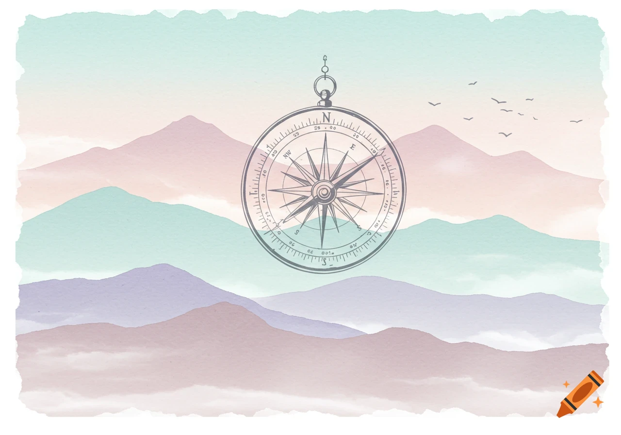 A watercolor illustration of an antique compass with fine line work over soft pastel mountains and a light sky.
