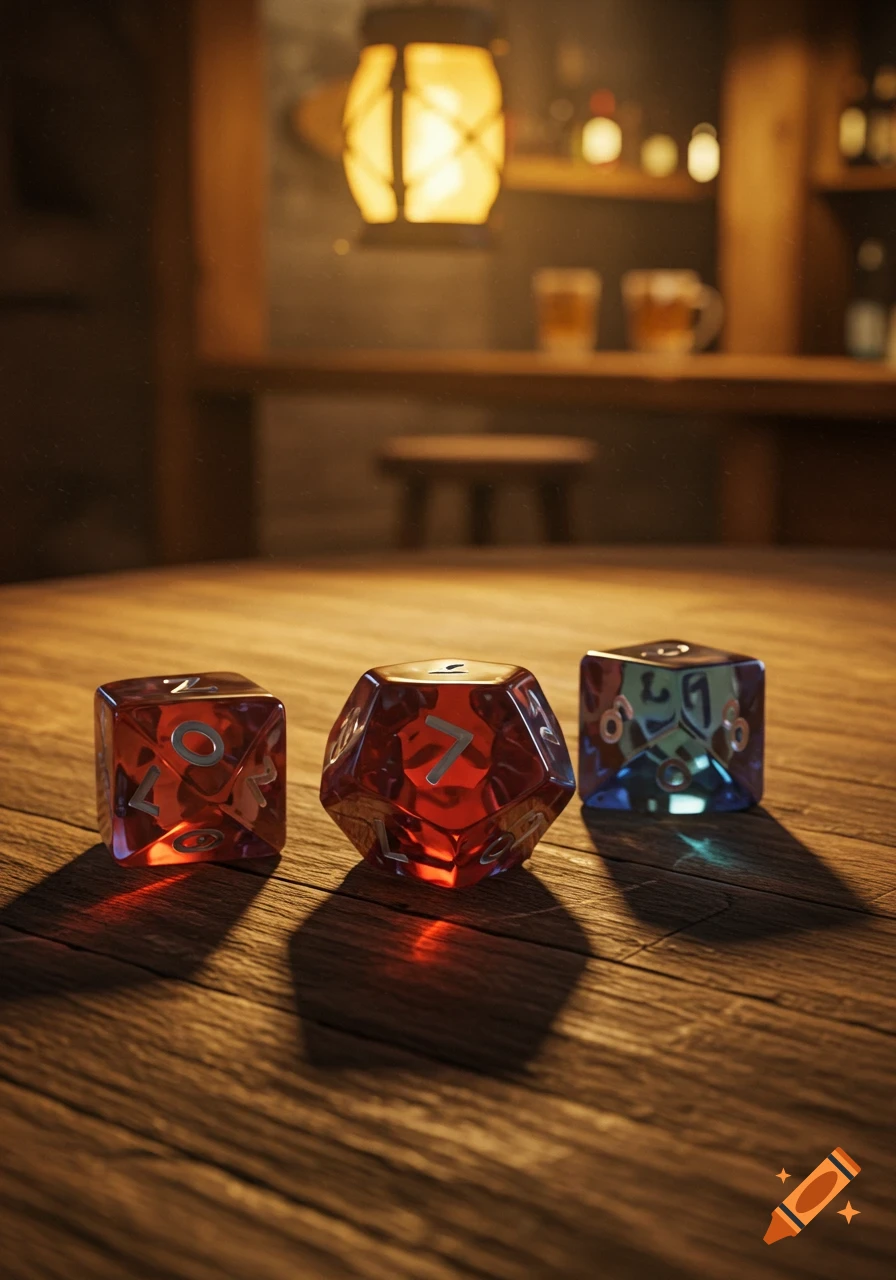Three translucent, glowing dice on a wooden table, with a blurred tavern background featuring a lantern and mugs.
