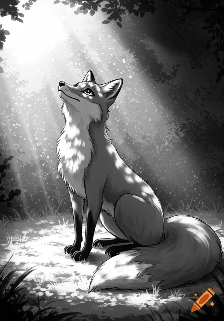 A black and white cartoon drawing of a fox sitting in a forest, looking up at dappled sunlight.