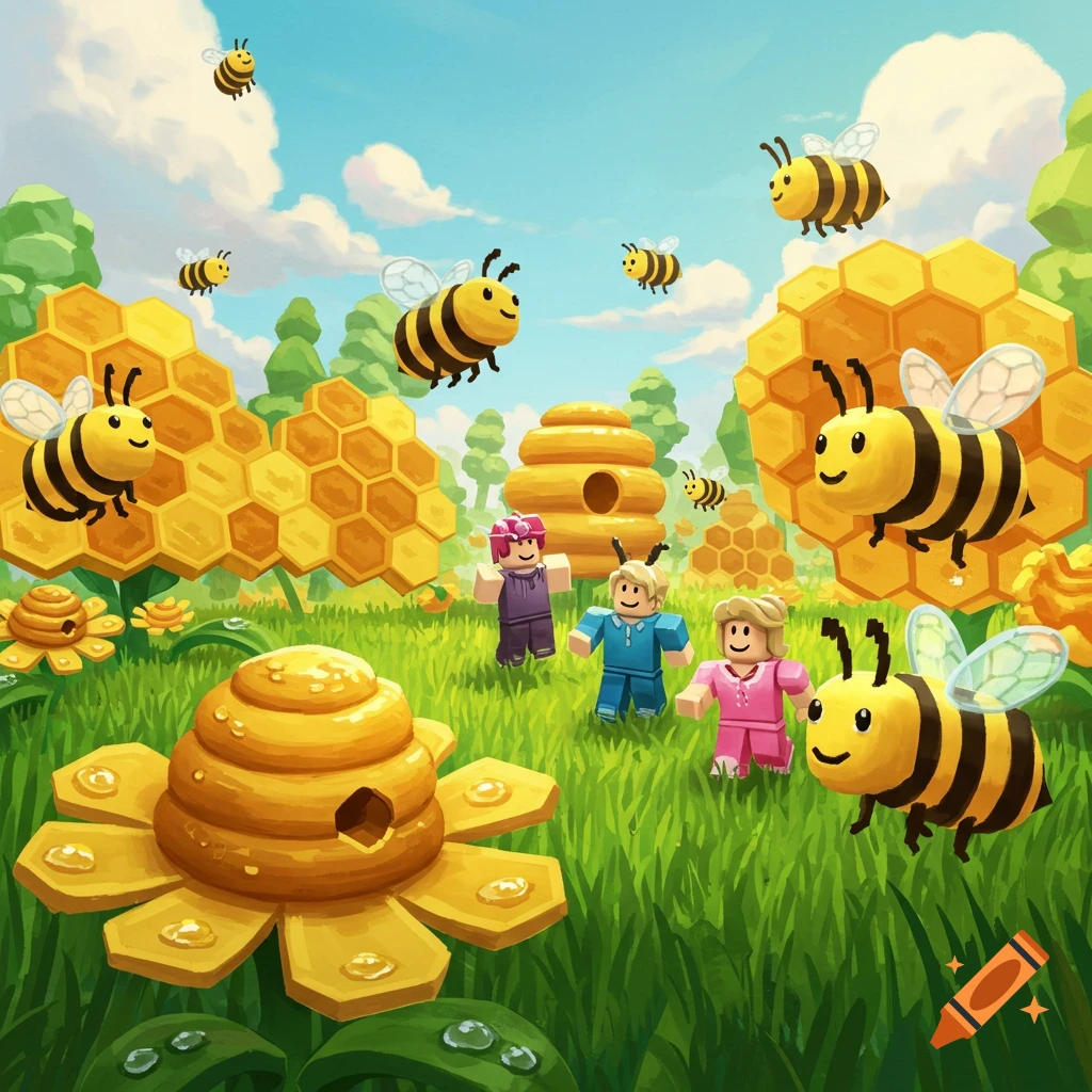 Cartoon image of Roblox characters in a field with smiling bees and beehives.