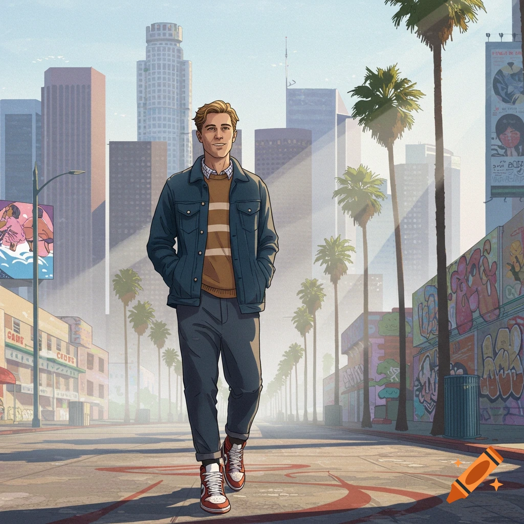 An illustrated man in a denim jacket, striped sweater, and Air Jordan 1s walks down a Los Angeles street with palm trees and skyscrapers.