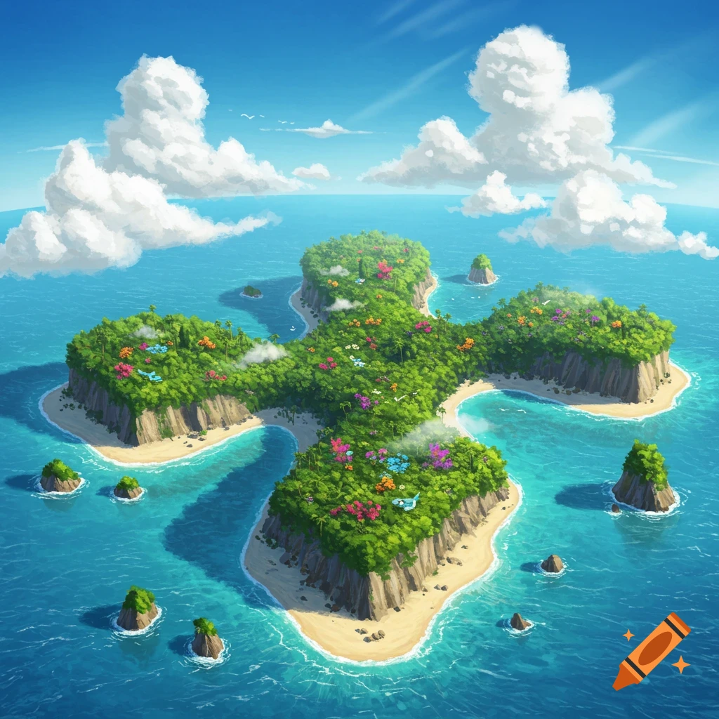 A vibrant, stylized tropical island shaped like a plus sign, featuring lush green foliage, colorful flowers, and sandy beaches.