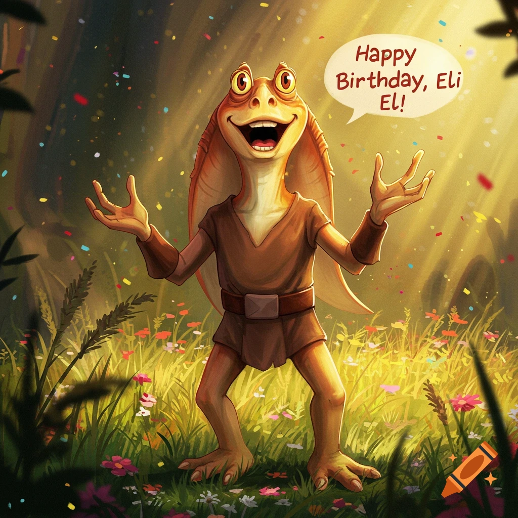 Jar Jar Binks stands smiling with arms open in a sunlit forest with confetti, saying 'Happy Birthday, Eli Eli!' in a speech bubble, digital art.