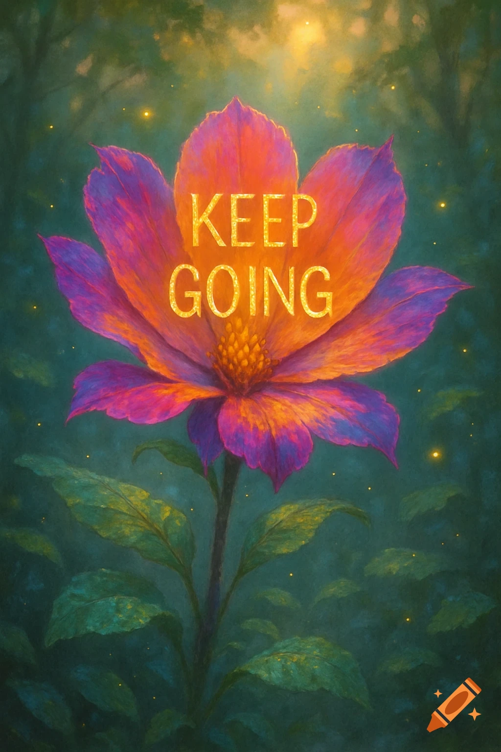 A vibrant, glowing orange and purple flower with 'KEEP GOING' text, set in a magical forest with fireflies.