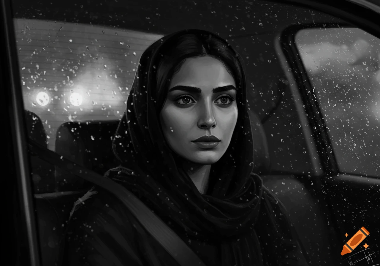 Grayscale digital painting of a young woman in a headscarf, looking out a rain-splashed car window.